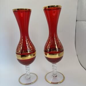 Vintage Vecchia Murano‎ Italian Ruby Red Bud Vase 24K Gold Leaf Overlay